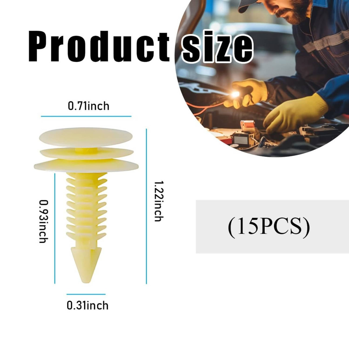 Plastic trim retainer clip shown with dimensions, light-yellow stem and disc head.