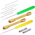 Doll hair rooting holders kit with gold handles, green/yellow caps, and spare needles