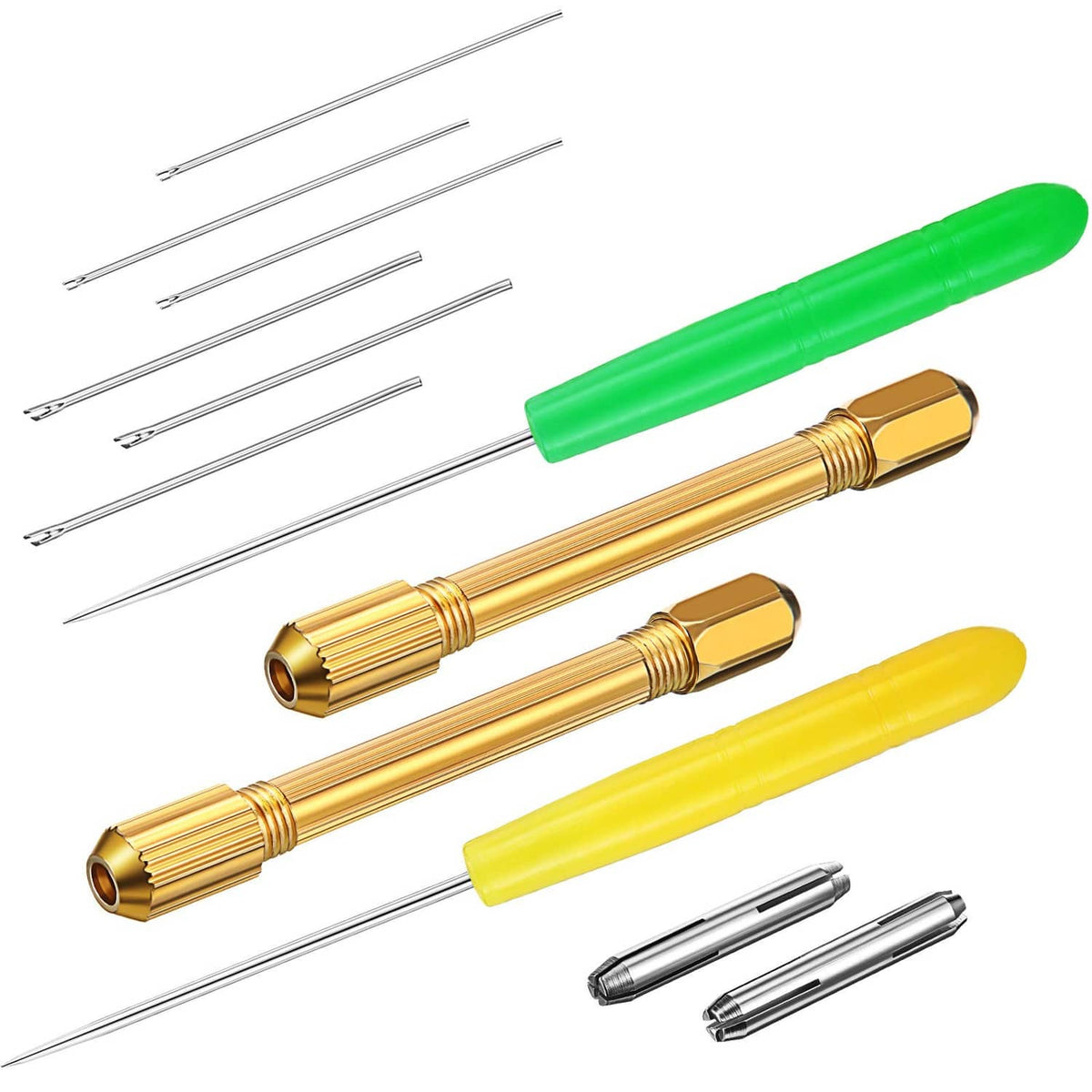 Doll hair rooting holders kit with gold handles, green/yellow caps, and spare needles