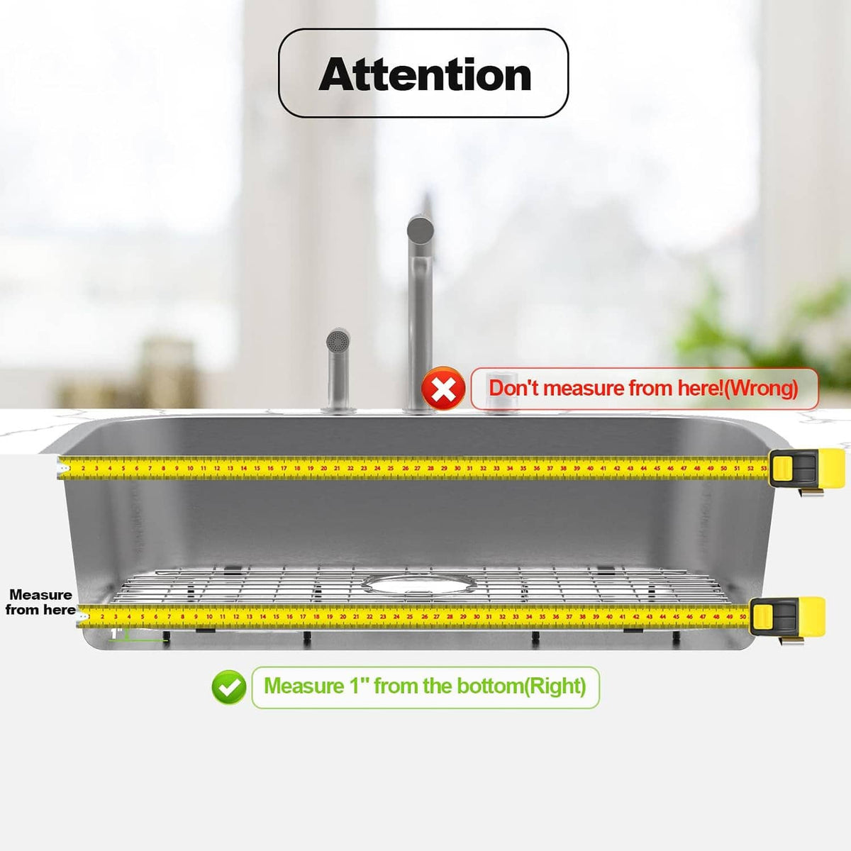 Stainless steel sink protector grid with front edge and corner measurement marks