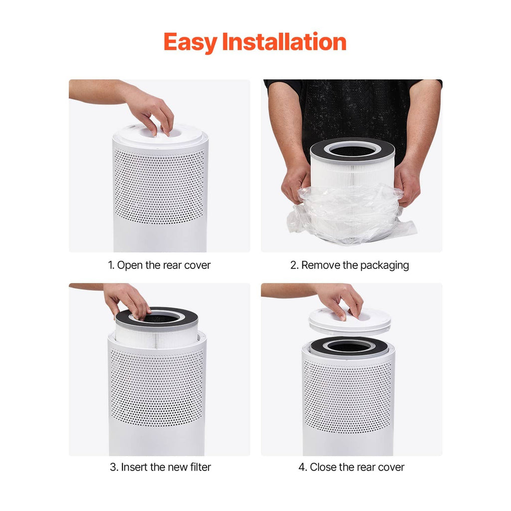 Replacement air filter cartridge being installed, cylindrical white pleated unit with top rim