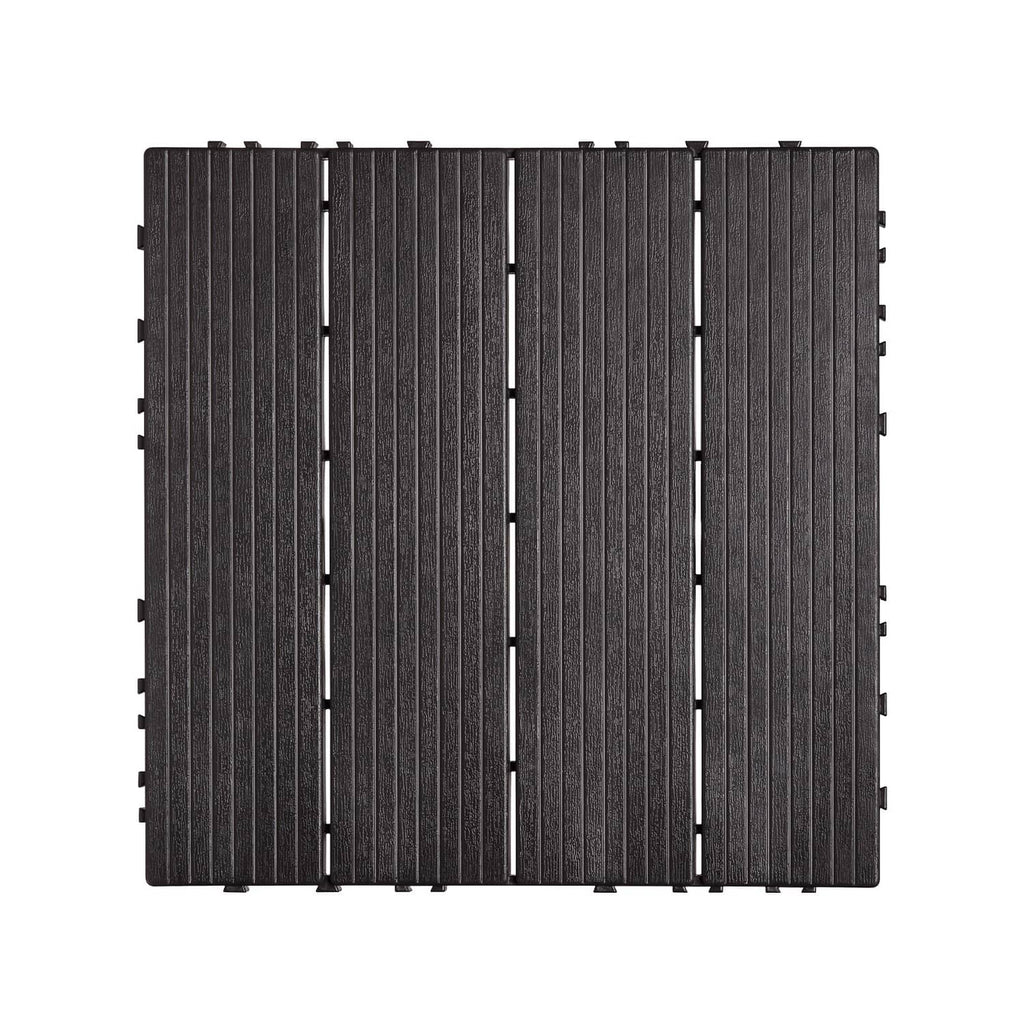 Dark brown interlocking deck tile mat with long ridged slats and snap-fit edges