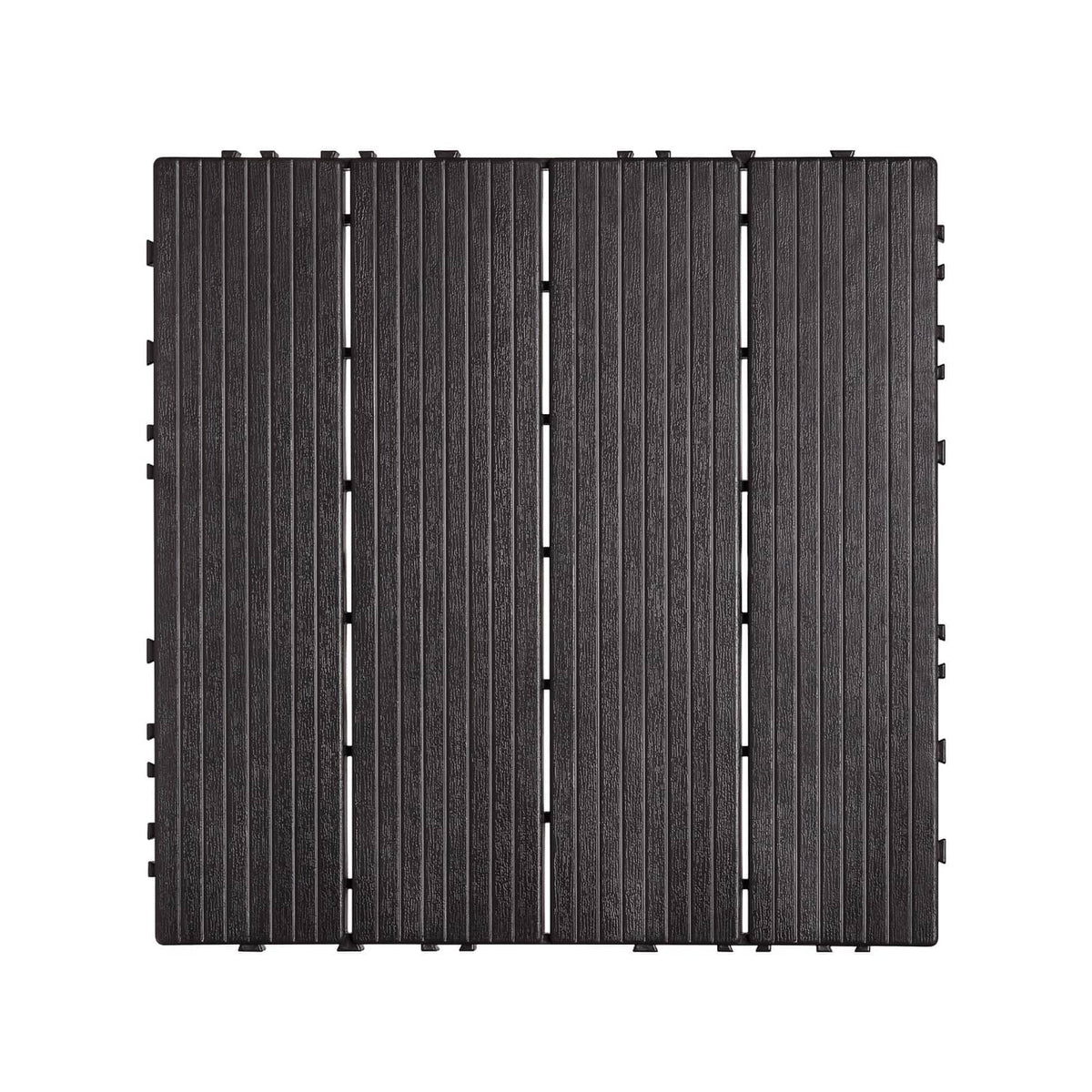 Dark brown interlocking deck tile mat with long ridged slats and snap-fit edges