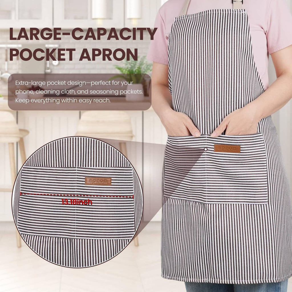 Pinstripe apron with large front pocket and waist ties, brown-and-black stripes