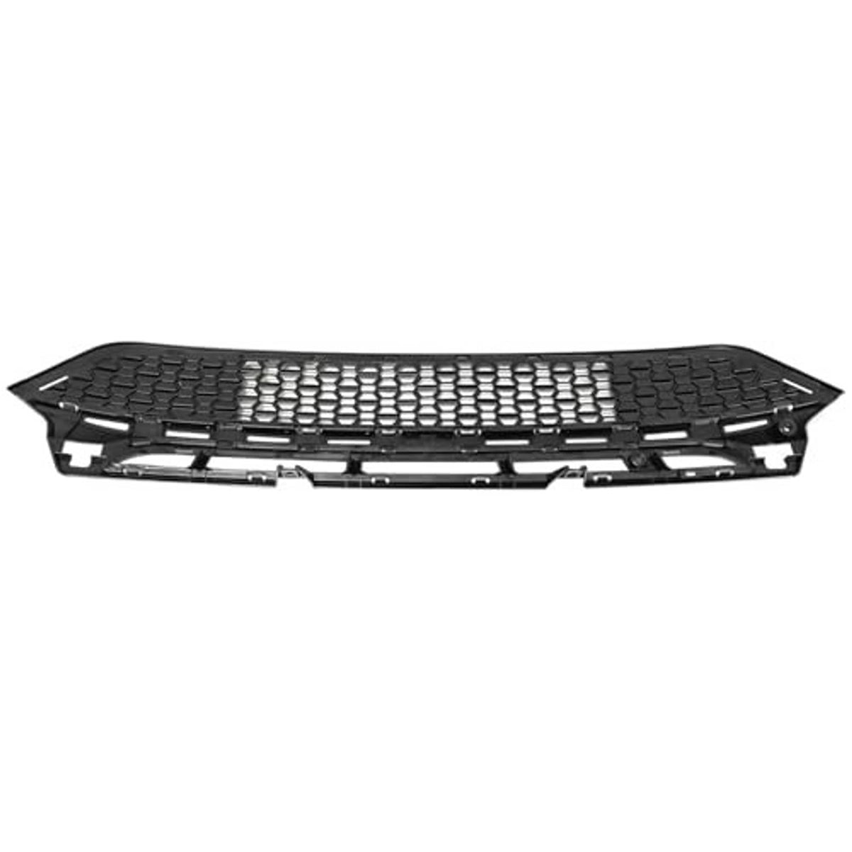 Black front bumper lower grille with hex mesh and open mounting bracket frame
