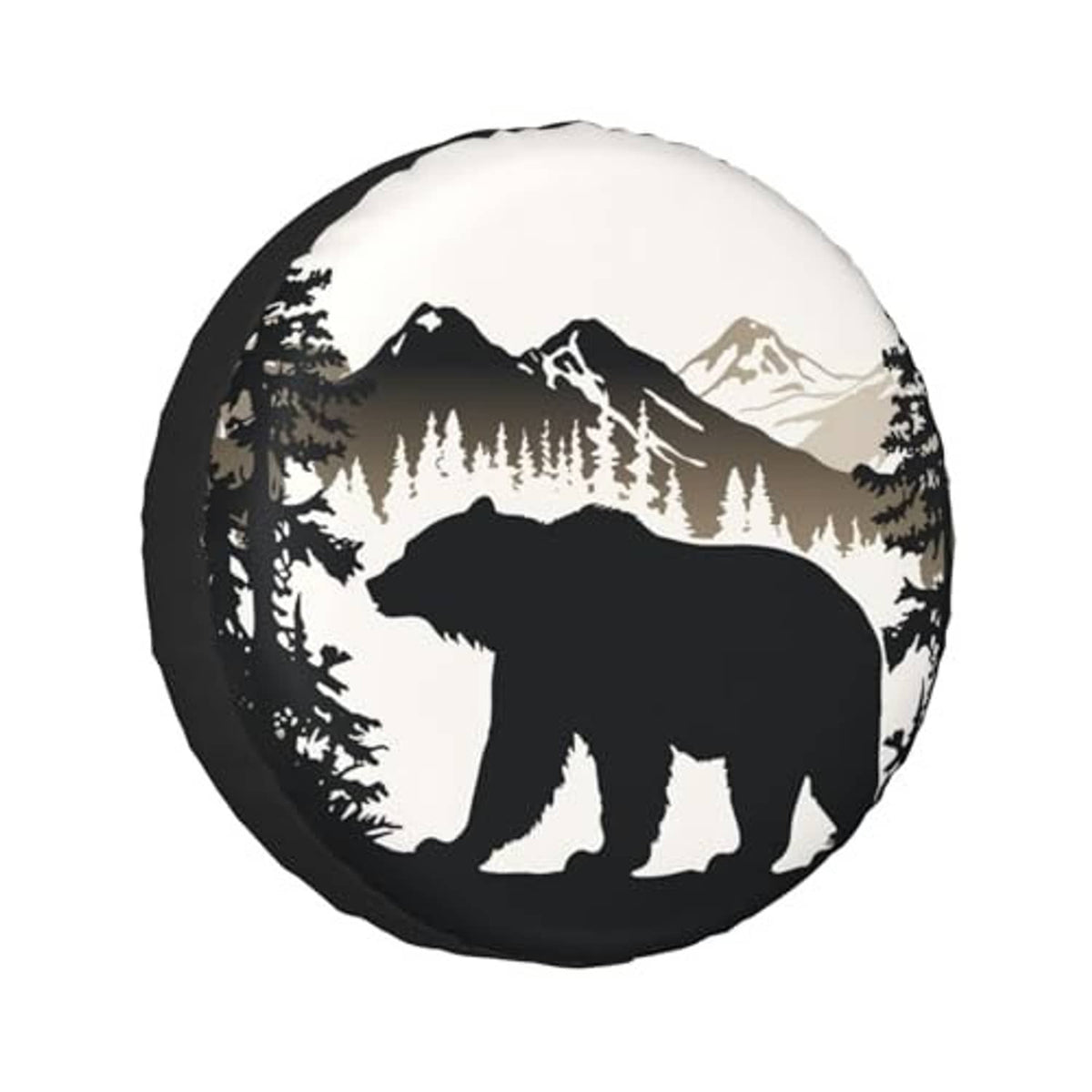 Round tire cover with bear silhouette and mountain scene, black edge and light center