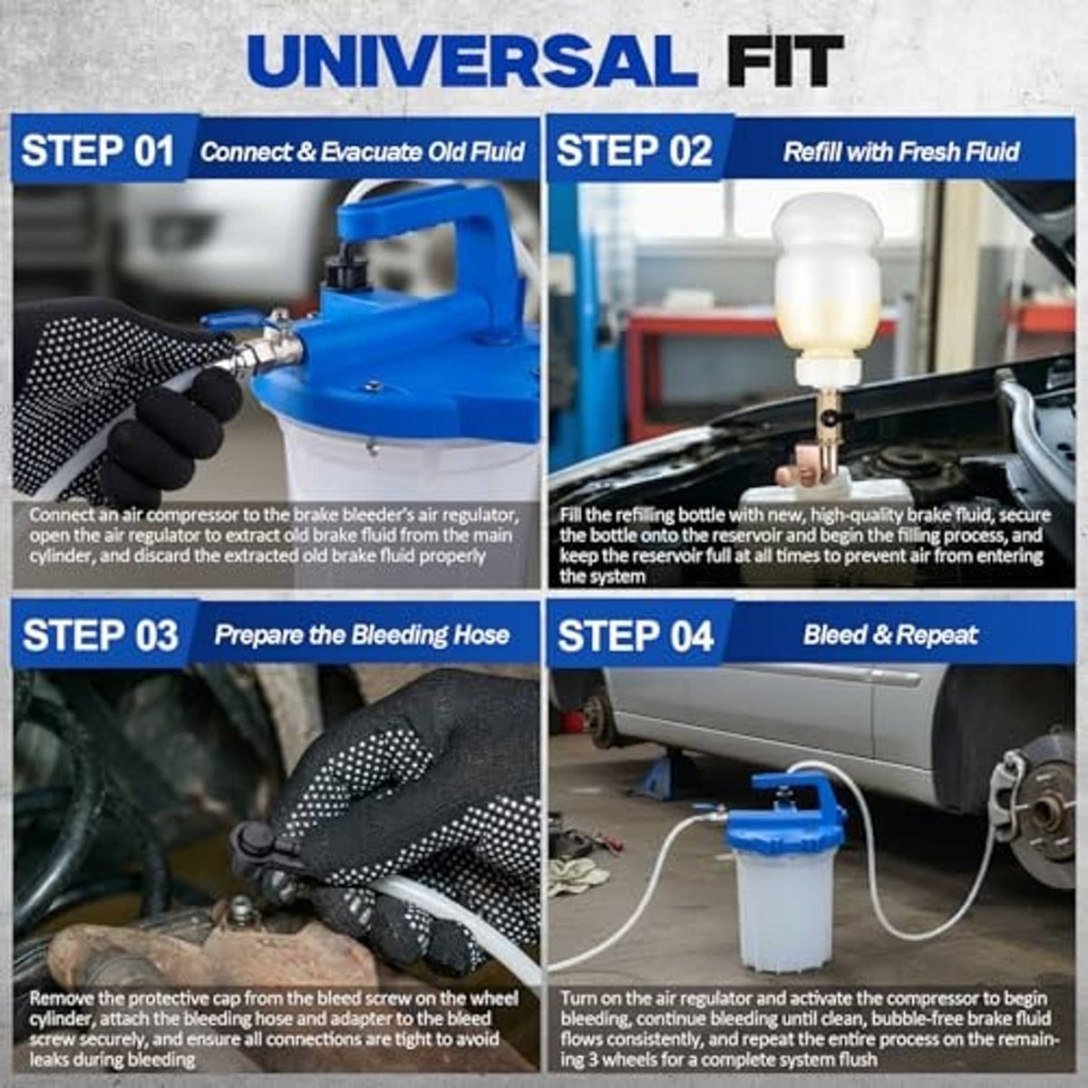 Universal brake bleeder kit with gloves, regulator, and tubing canister