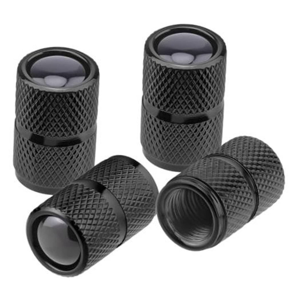Set of 4 black aluminum tire valve stem caps with textured grip and smooth core