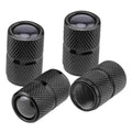 Set of 4 black aluminum tire valve stem caps with textured grip and smooth core