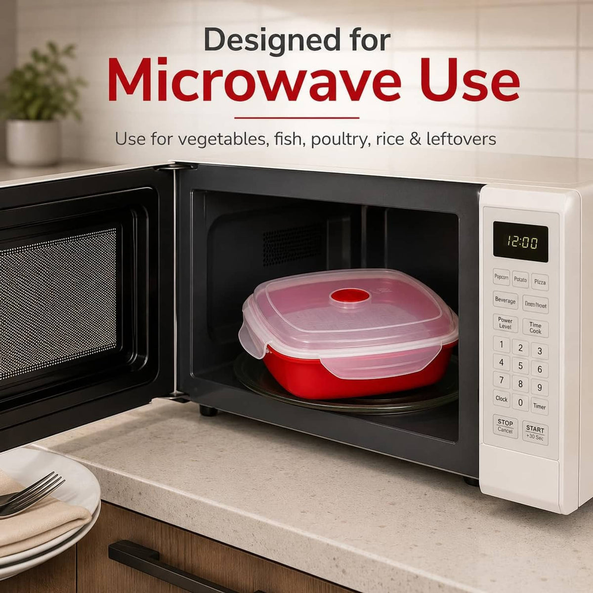 Vented microwave steamer placed in microwave oven with clear lid and red base