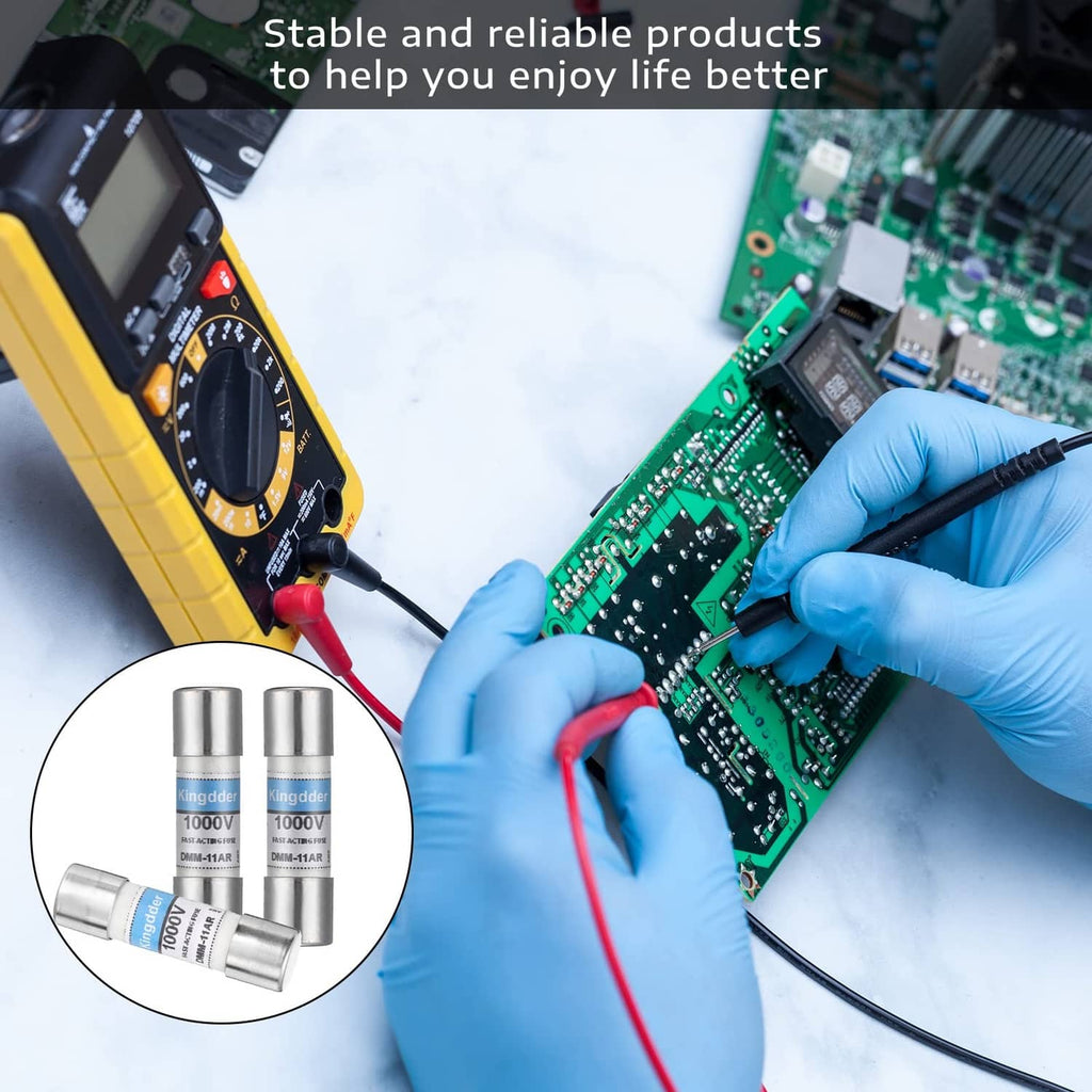 Gloved installation showing Kingdder 1000V fuse cartridge near a circuit board and tools.