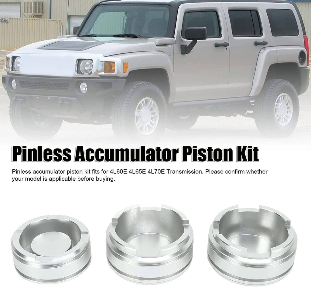 Pinless accumulator piston kit with three silver pistons shown for forward accumulator applications