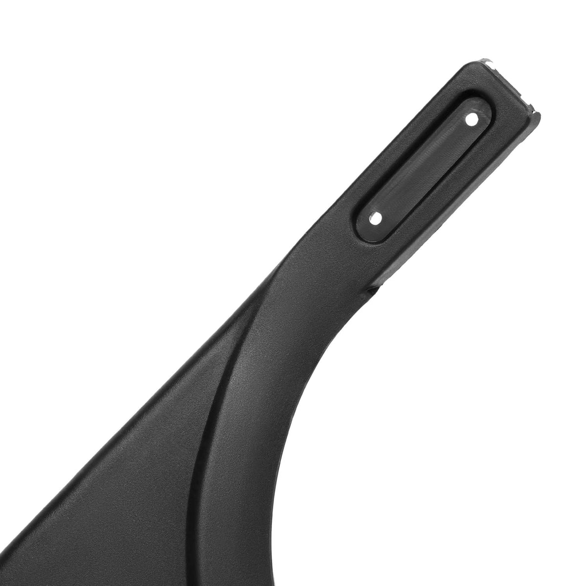 Close-up of black plastic fender cap mounting strip with two bolt holes