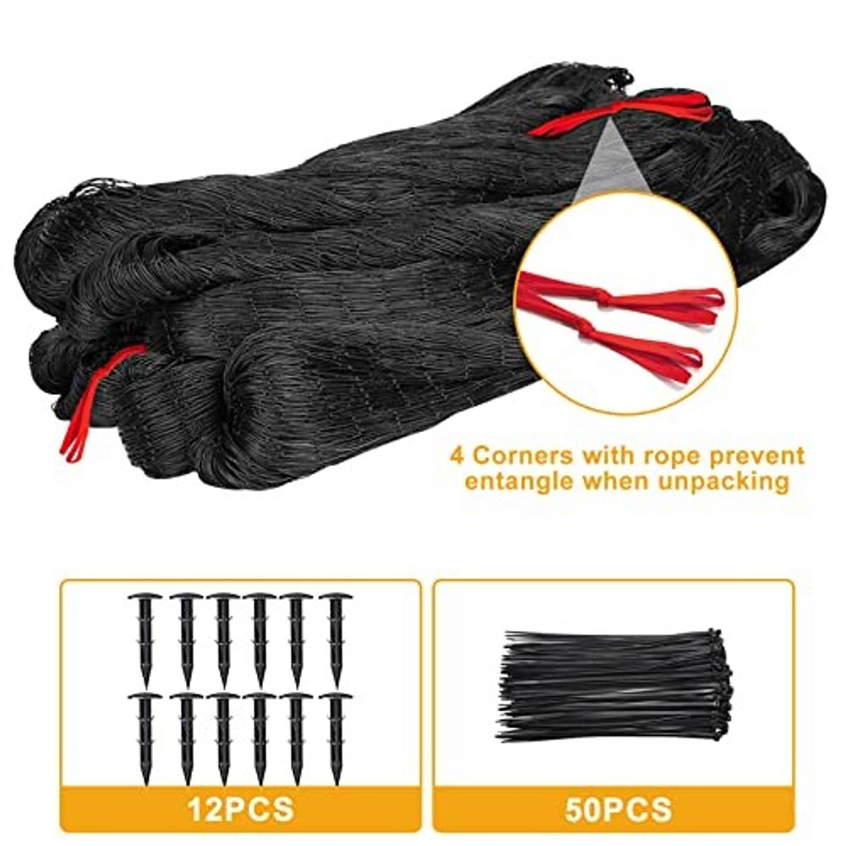 Black nylon bird netting roll with red corner rope ties and accessory ties