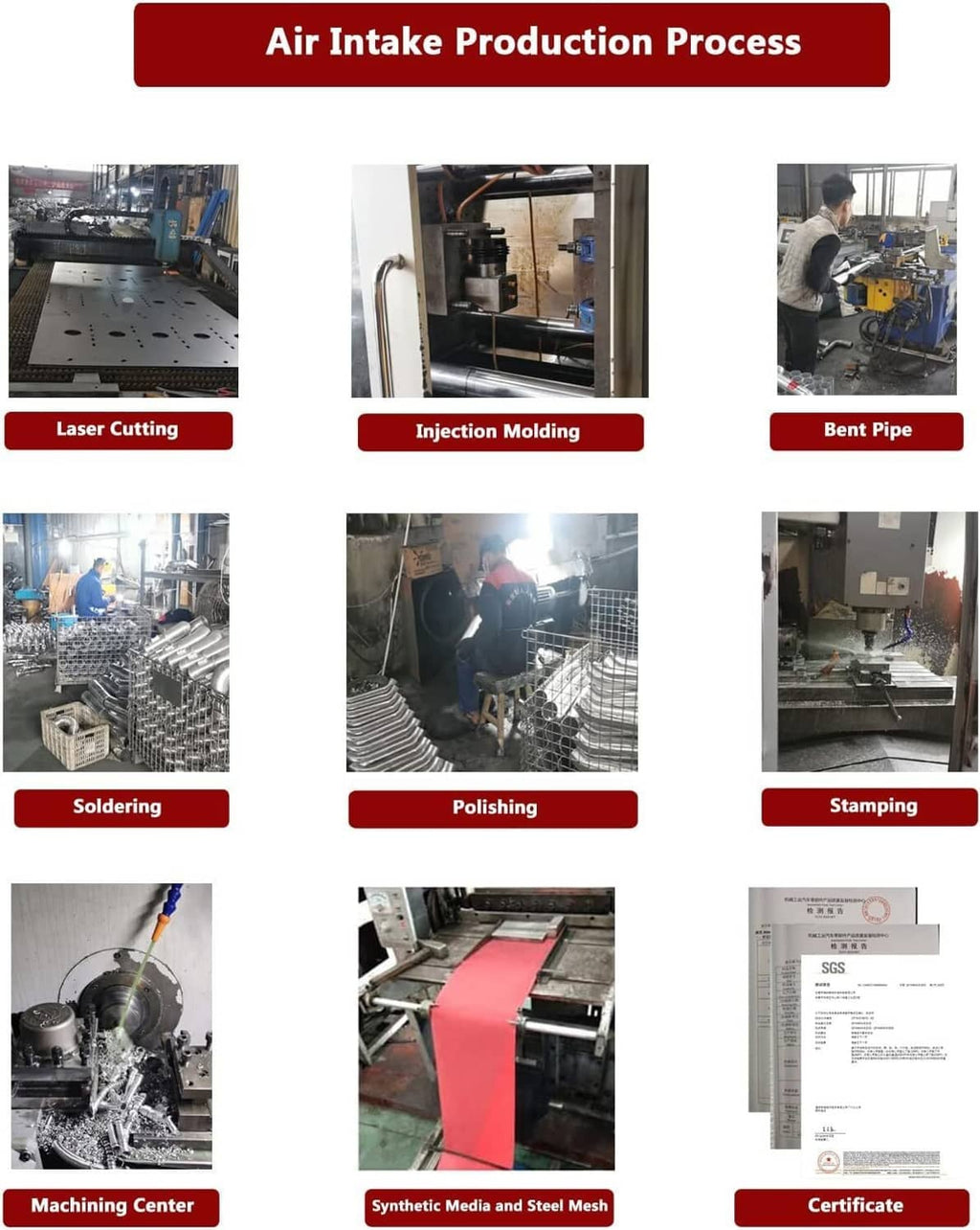 Air intake production process photos showing stages like molding, soldering, and polishing