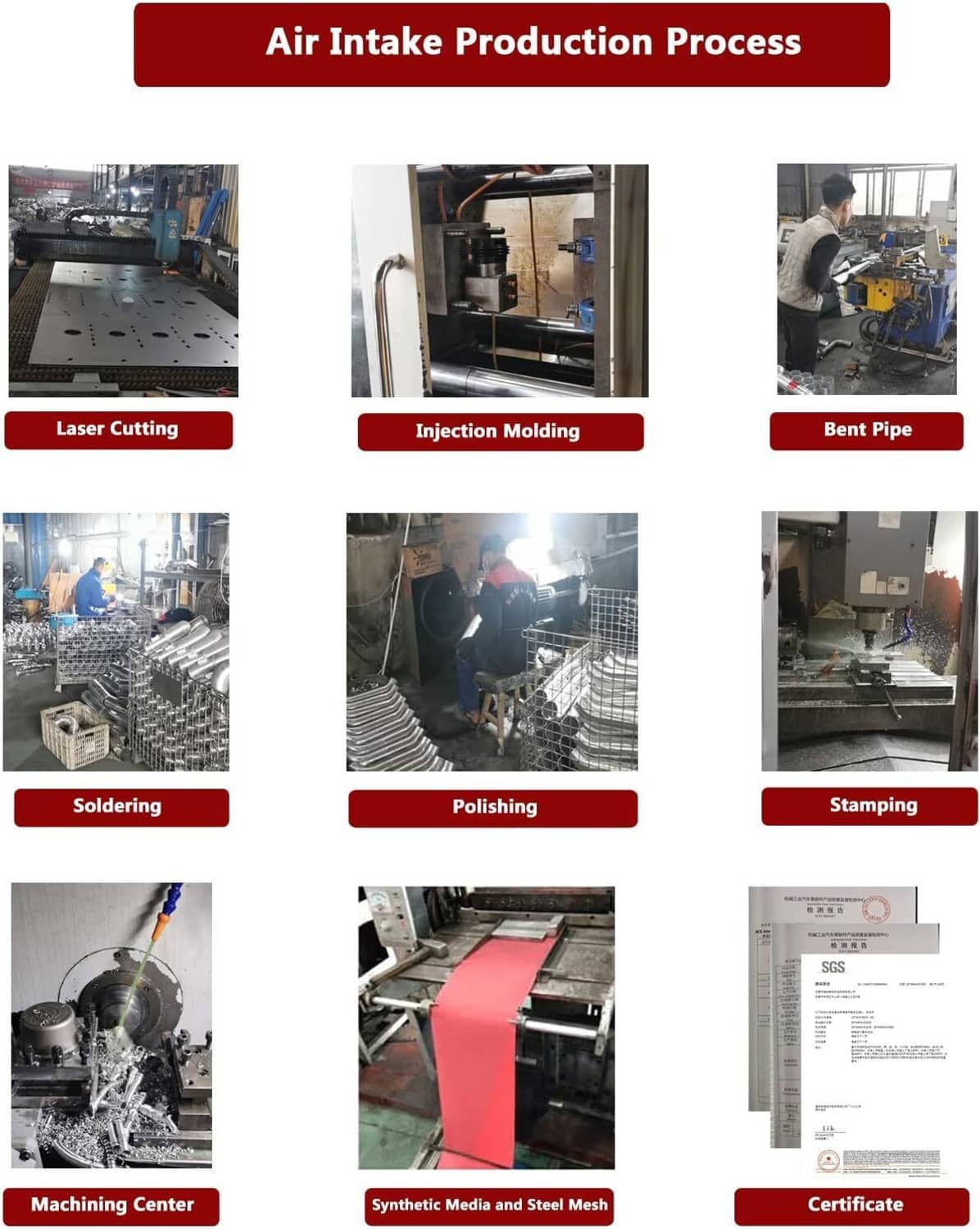 Air intake production process photos showing stages like molding, soldering, and polishing