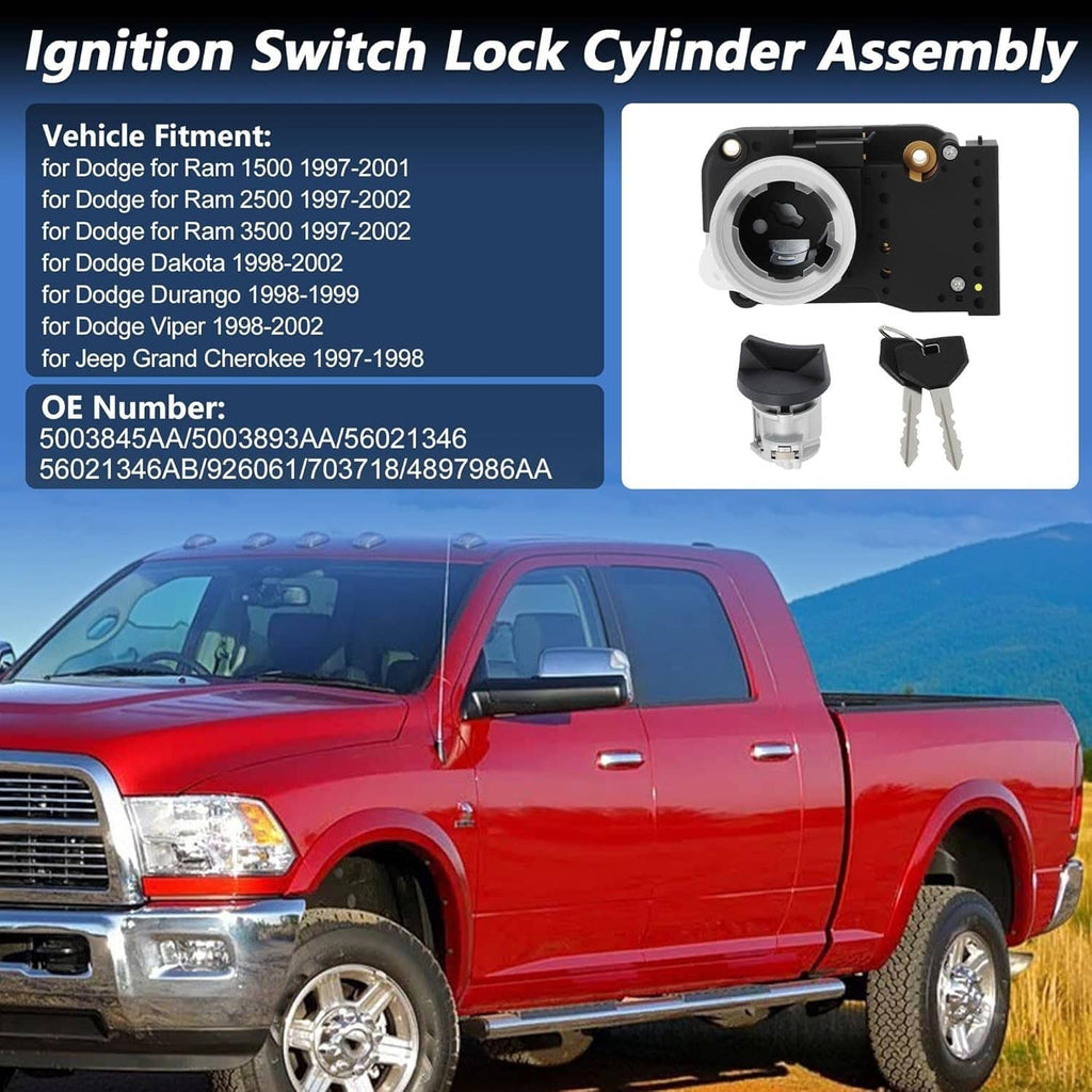 Ignition switch lock cylinder assembly with 2 keys, black housing and silver cylinder