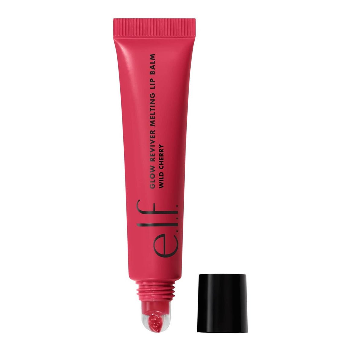 Wild Cherry Glow Reviver Melting Lip Balm tube, red-pink formula, with black cap off
