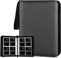Black zip card binder with carbon-fiber texture, open view showing clear pocket grid