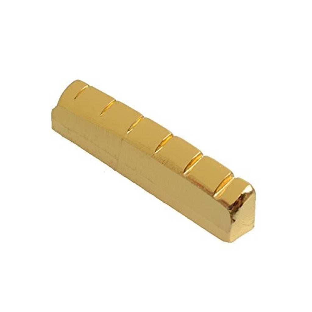 Gold-plated brass acoustic guitar saddle piece, close-up side view.