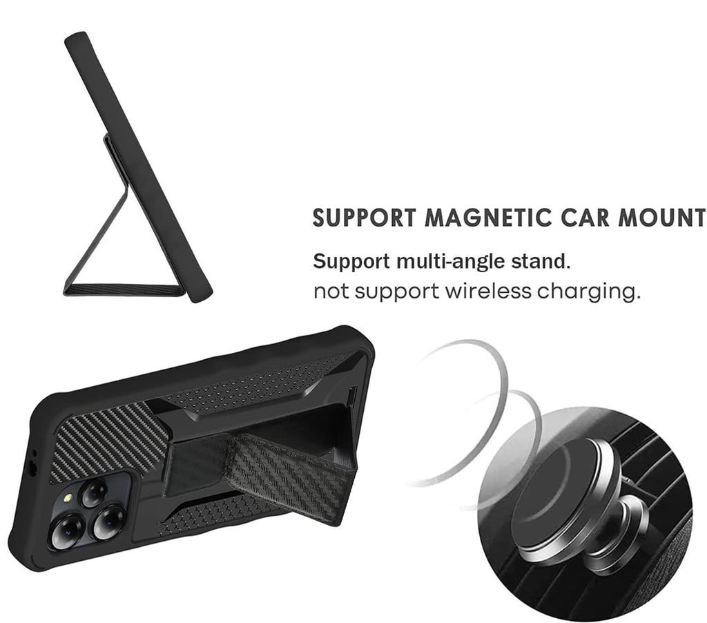 Black phone case with built-in stand and rugged carbon-fiber look back
