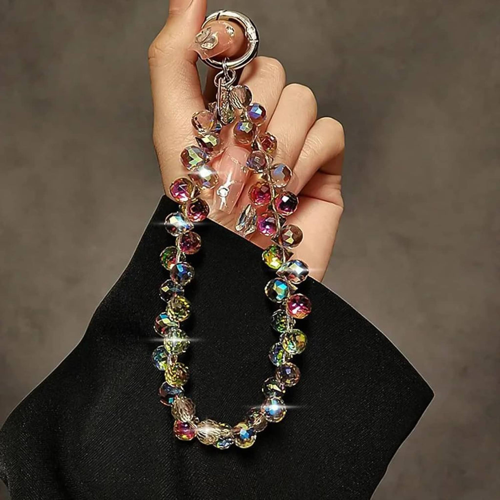 Crystal beaded lanyard-style phone strap with multicolor iridescent beads and key ring clasp