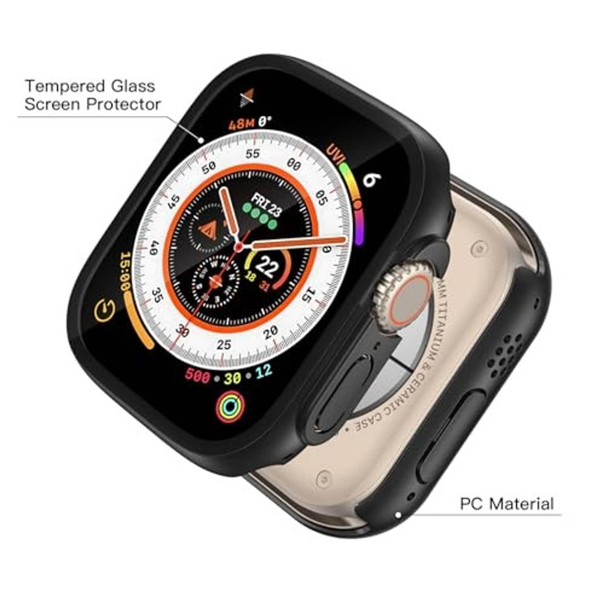 Black hard PC smartwatch case with tempered-glass screen protector, rear view detail