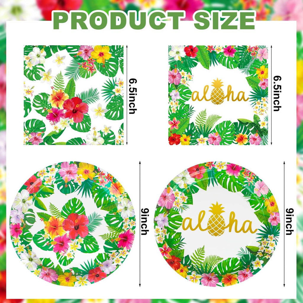 Round tropical paper plates, green foliage with colorful flowers and 'aloha' center