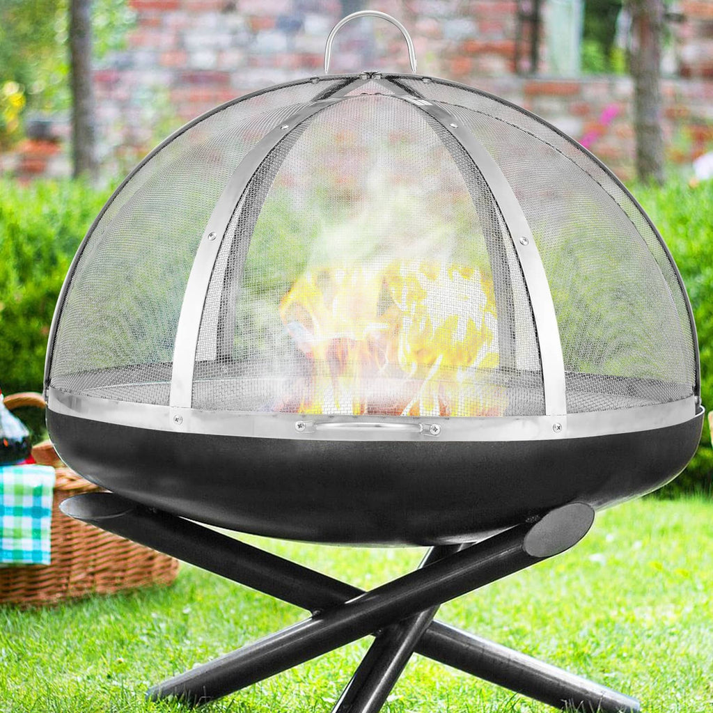 Stainless steel round fire pit spark screen cover lid with mesh dome and flames