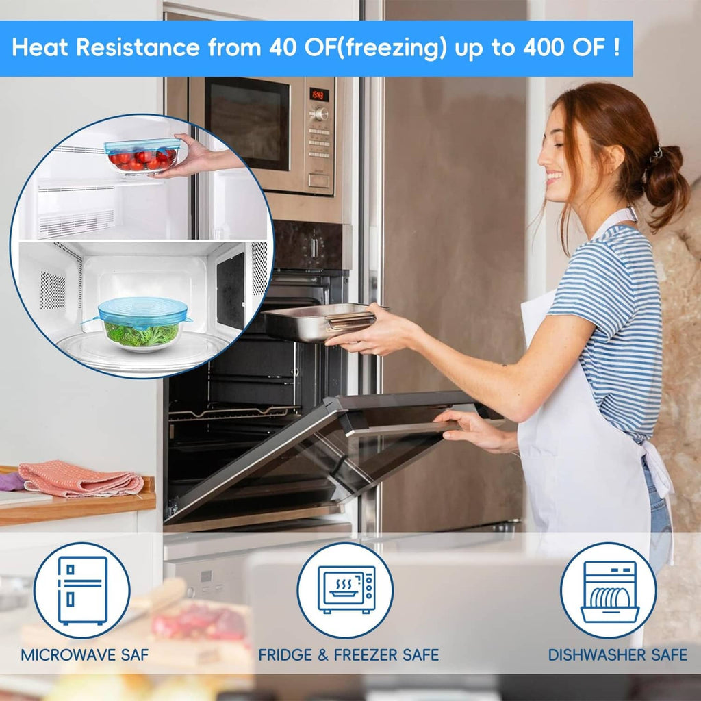 Heat-resistant silicone stretch lid covering a food container for oven use