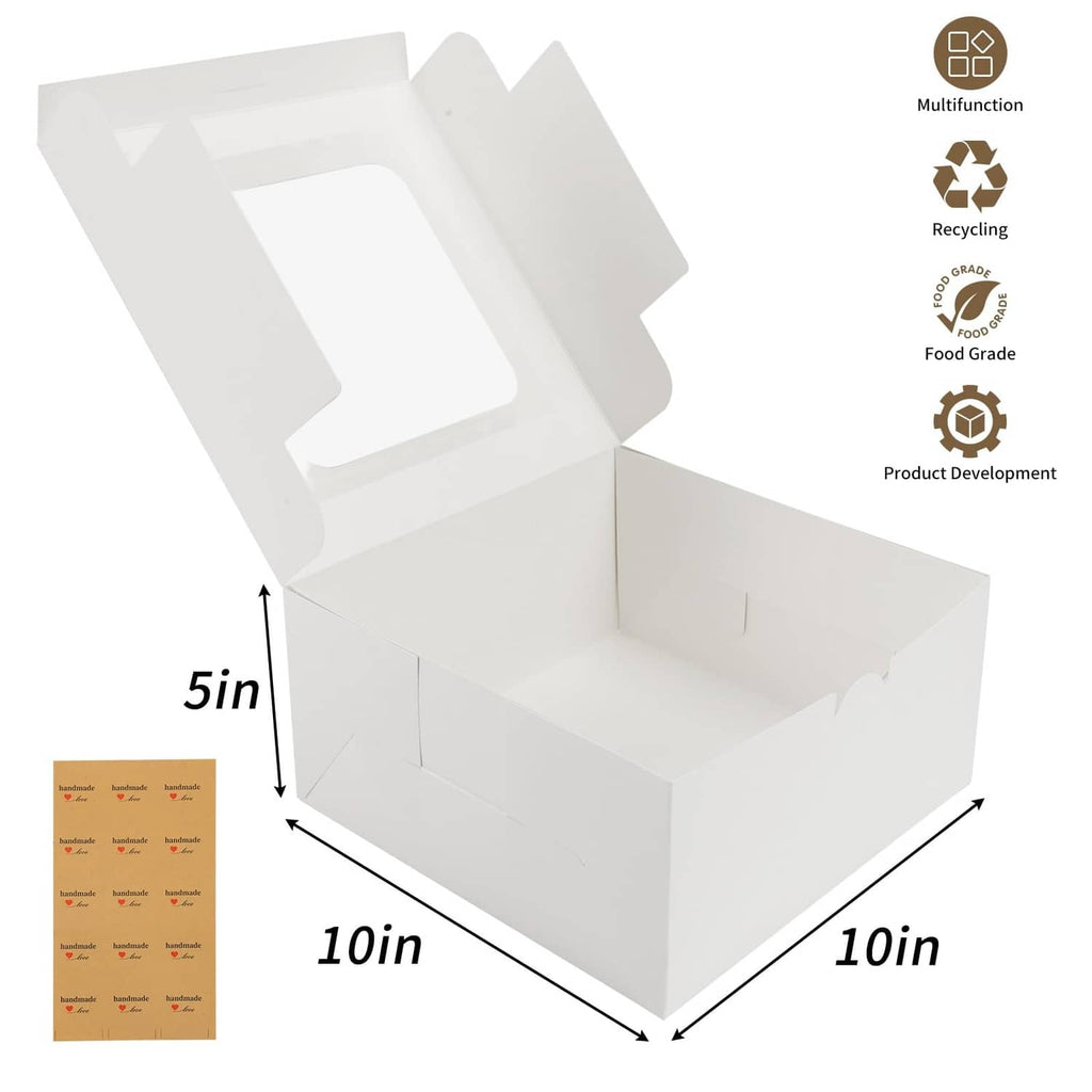 White square cake box, open; labeled 10 in x 10 in x 5 in dimensions.