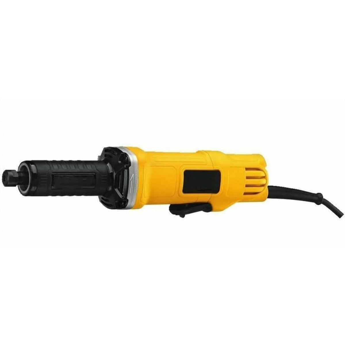 Yellow electric angle grinder with black front guard, side handle, and power cord