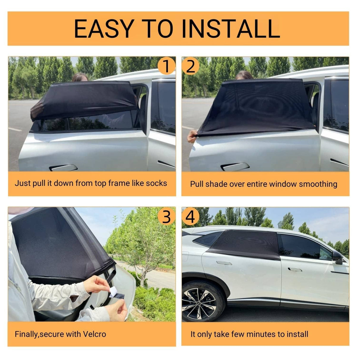 Black car window screen being pulled down to fit over rear window frame