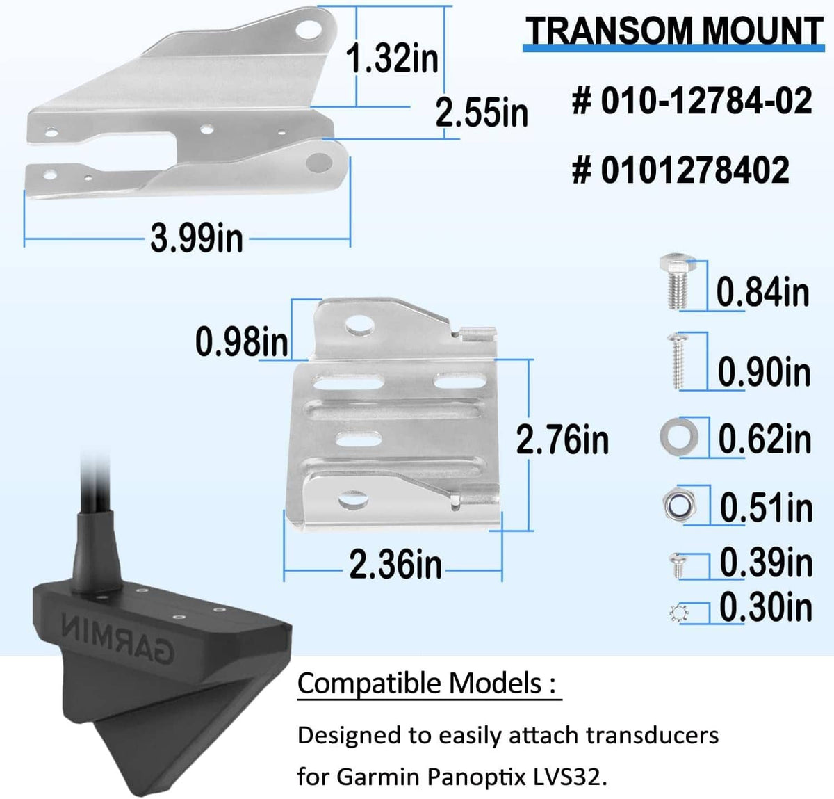 Stainless steel transom mount bracket kit with dimensions and fasteners