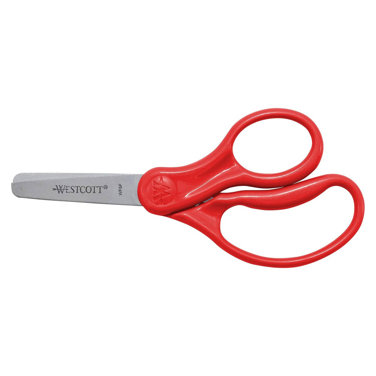 Red Westcott kids' blunt-tip scissors with gray blades and finger loops