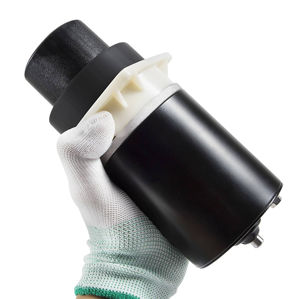 Electric motor pump with dark cylinder housing and white connector wrapped in cloth