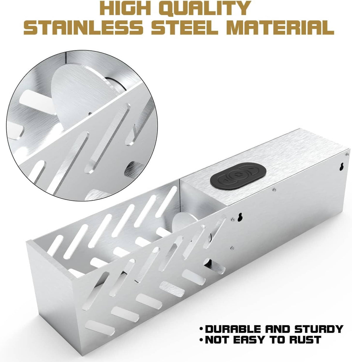 Brushed stainless steel electric can crusher with front slots and round black button