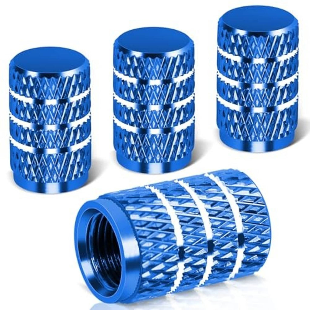 Blue aluminum tire valve stem caps with striped grip, four-piece set