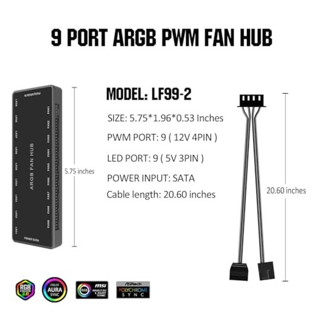 Compact 9-port ARGB PWM fan hub with model LF99-2 and two connector cables