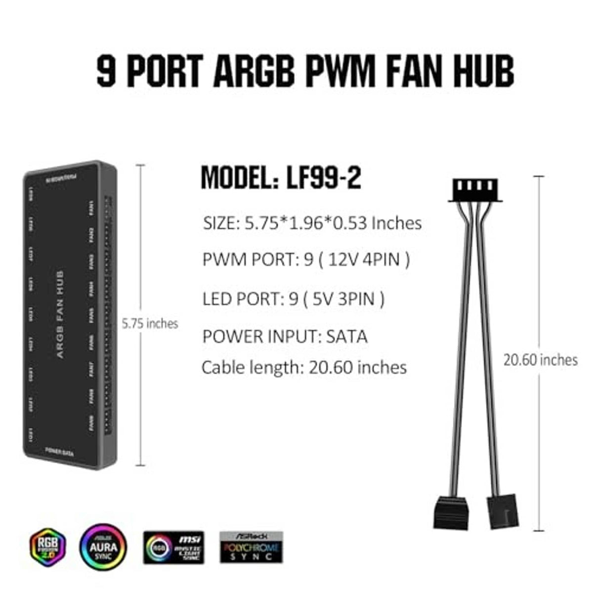 Compact 9-port ARGB PWM fan hub with model LF99-2 and two connector cables