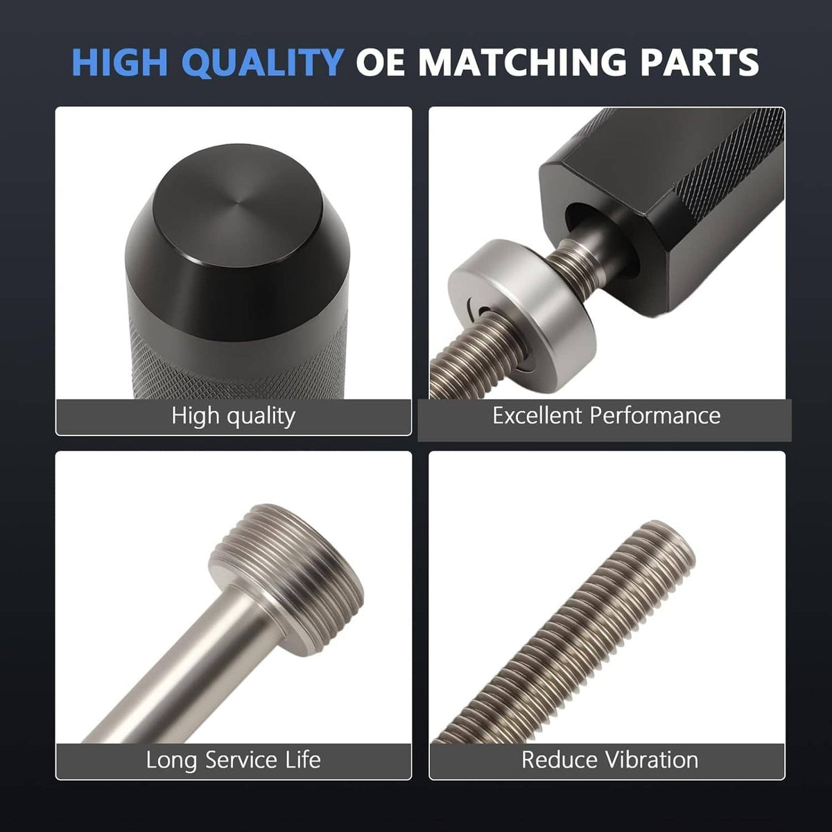 Injector sleeve remover tool set: black textured driver caps with polished steel threaded shafts