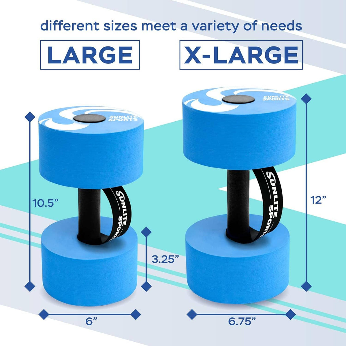 Blue foam water dumbbells shown in large and x-large sizes with black handles