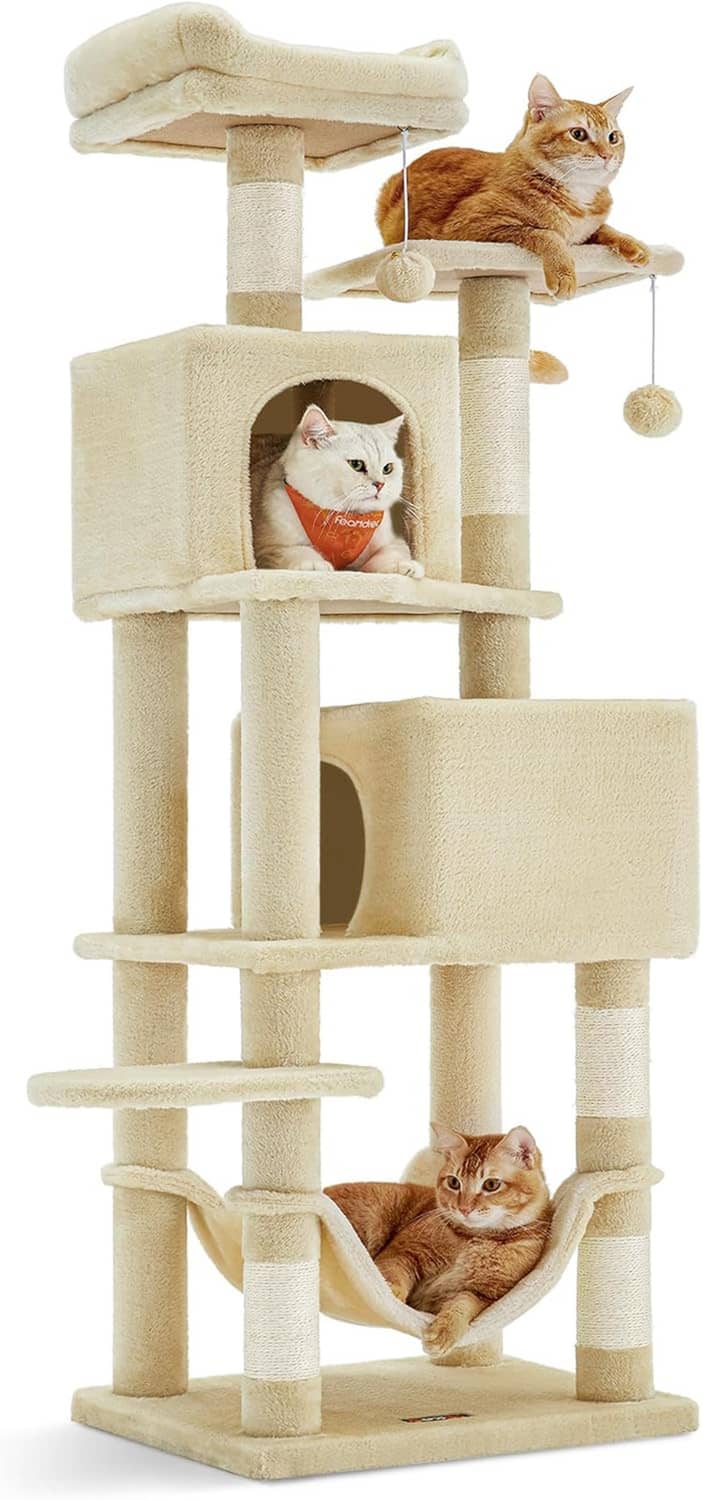 Plush beige cat tree with multiple perches, condo house, and hanging balls