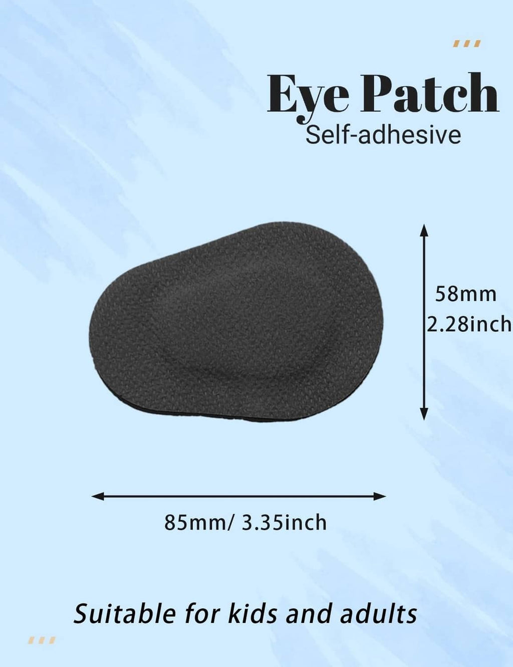 Black oval self-adhesive eye patch with size markings on the product.