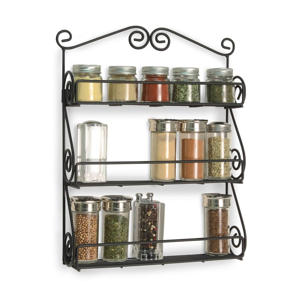 Black wall spice rack holding jars on three wire shelves, with decorative scroll frame.