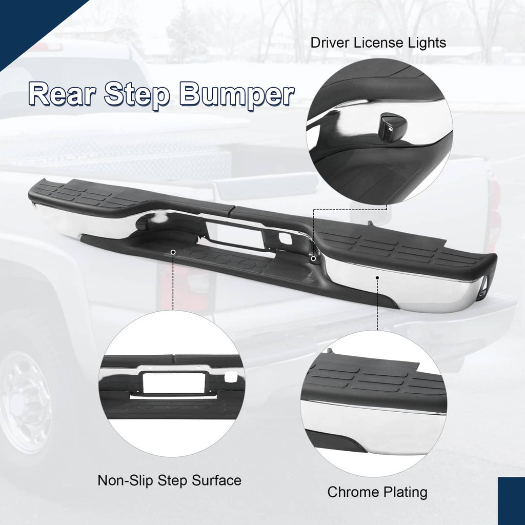 Rear step bumper showing non-slip black step surface and chrome plating