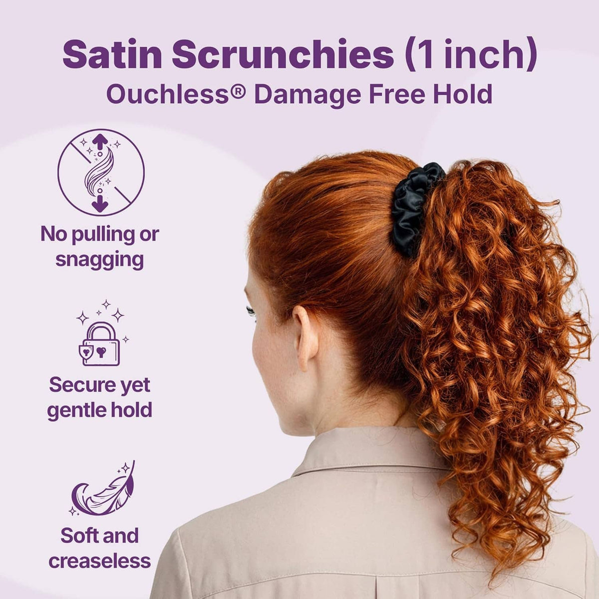 Black satin scrunchie securing curly hair updo