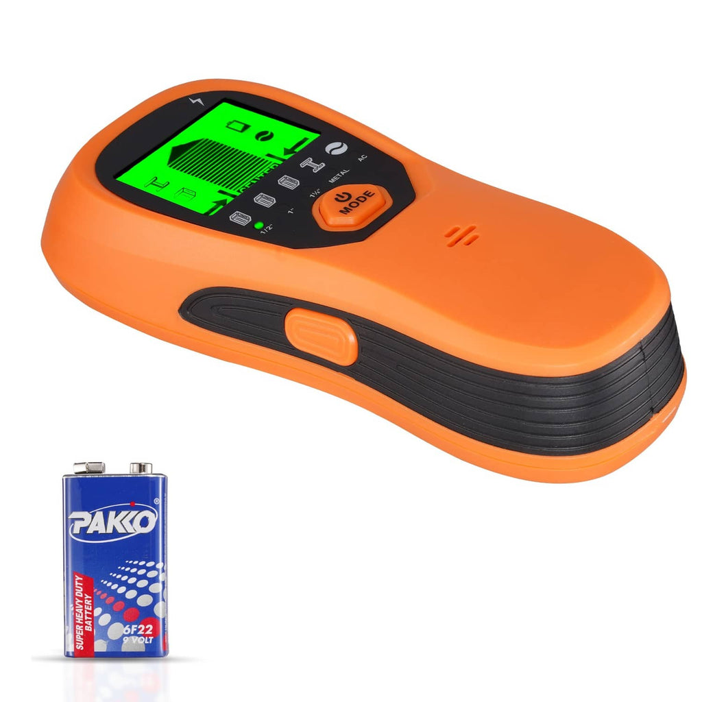 Orange electronic wall scanner with green LCD screen and side control button