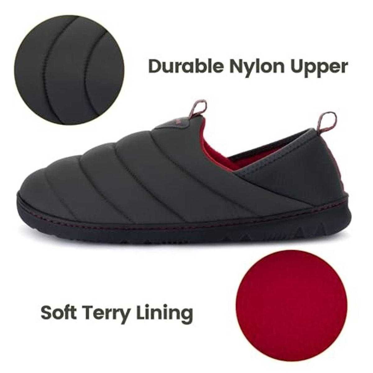 Men's dark grey quilted nylon loafer slipper with red inner lining.