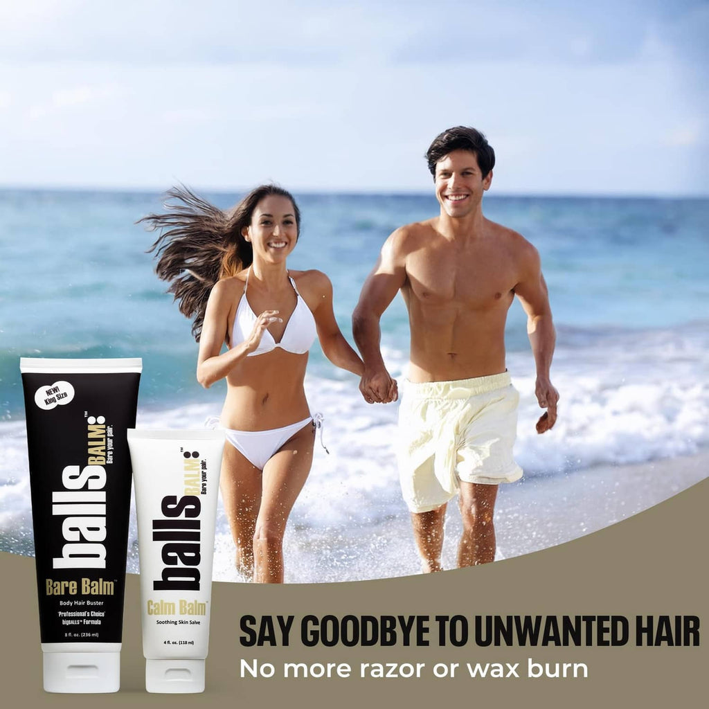 Bare Balm body hair buster cream tubes on beach promo, black and white packaging